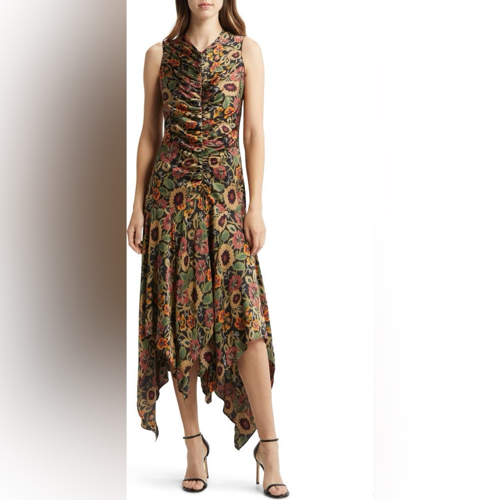 Floral Print Ruched Satin Midi Dress
BY MELLODAY